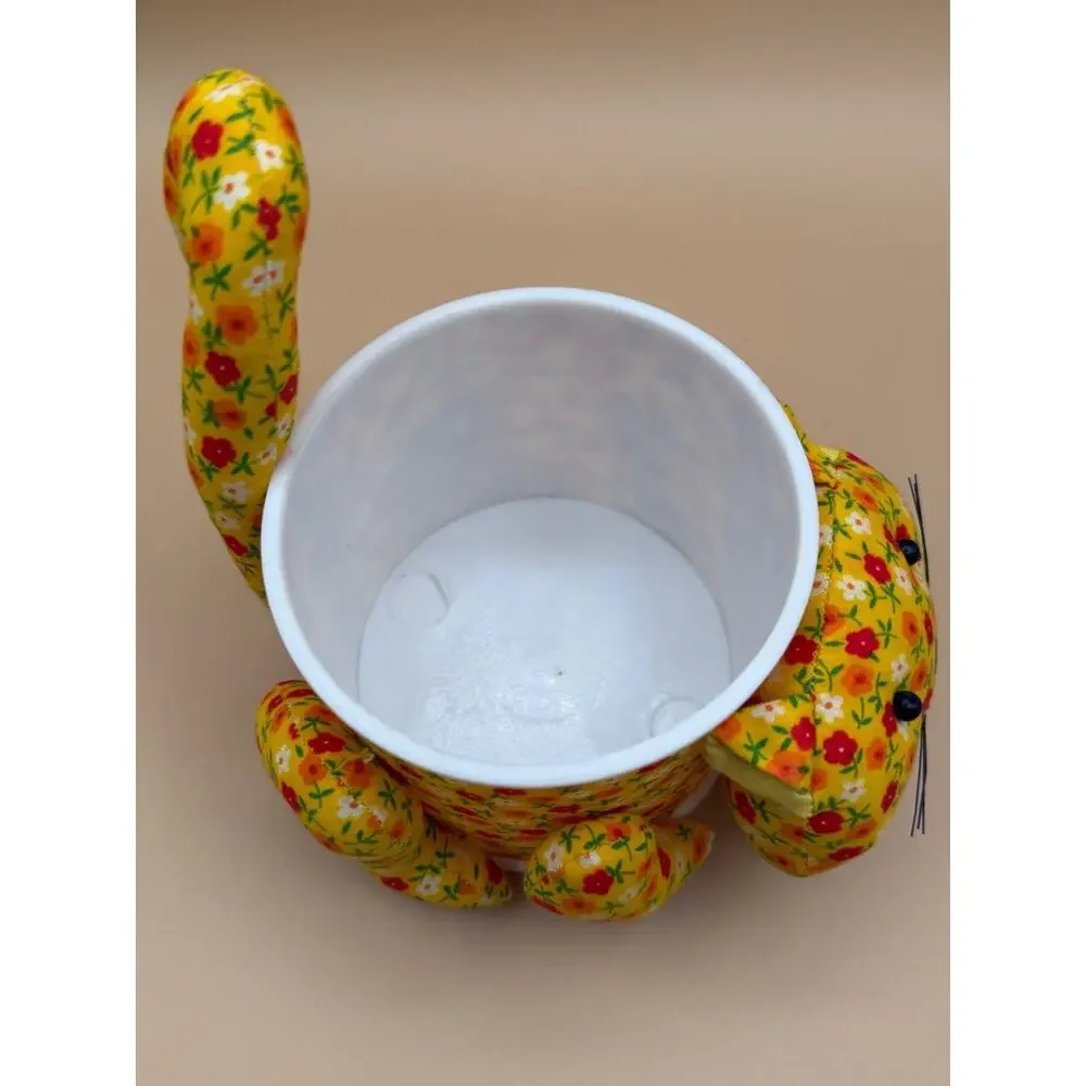 🐱 Vintage Floral Cat Planter Basket Rosenthal Netter Taiwan Fabric Plastic 4”